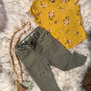 Cat & Jack Olive Green Pants paired with Old Navy Floral Tee